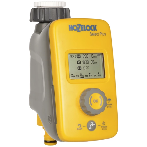 Gelbes automatisches Bewässerungsgerät mit Display und Drehregler zur Programmierung von Bewässerungszeiten; Marke: Hozelock Select Plus.